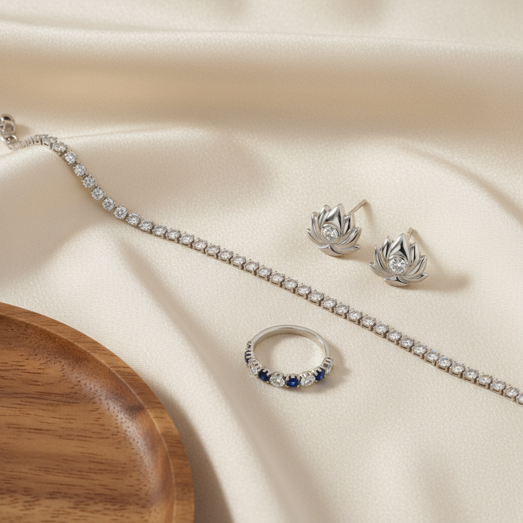 A close-up of a curated flat lay of Thai fine jewelry pieces arranged meticulously on a matte cream silk cloth: a delicate diamond tennis bracelet in white gold, a pair of small lotus-shaped diamond studs, and a slim eternity band with alternating natural diamonds and blue sapphires evoking traditional Thai colors. The silk is gently folded to create soft waves and texture, while a small polished teakwood tray sits partially in frame, adding a hint of Thai heritage. Soft, diffused studio lighting evenly illuminates the scene, minimizing harsh shadows and emphasizing the sparkle and craftsmanship. Shot from directly above with sharp focus throughout, the mood is sophisticated, serene, and editorial in photographic realism.